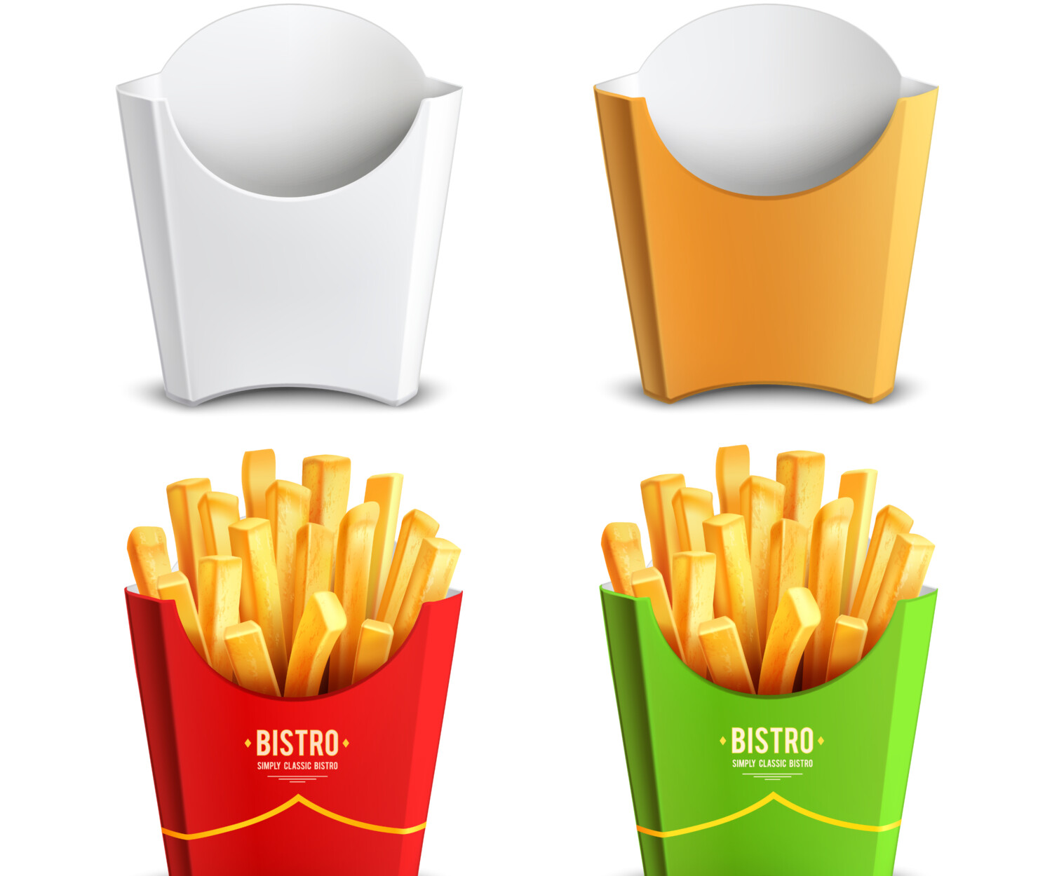 Colorful set of empty and food filled  paper boxes for french fries 2x2 design concept realistic vector illustration