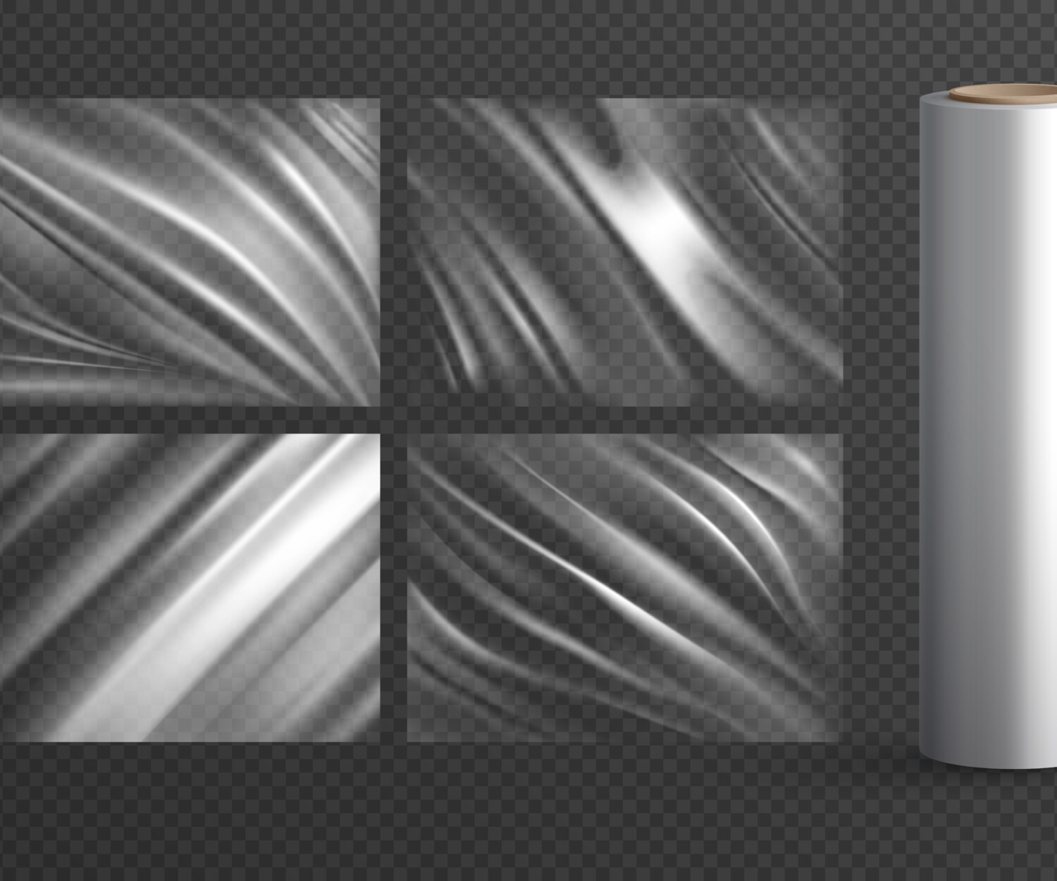 Four isolated blank wrapping texture polyethylene packages and plastic roll on  transparent background realistic vector illustration SSUCv3H4sIAAAAAAACA01RwU7DMAz9FSvnwkDcekNooHFhAonLxMFNTRfqJVXidJum/jtOtyFufvGz3/PLyTSYnDX1yTjmnCSiuOBNfV8Zap2E6JBNfTdVJglKTpSUq8iiUKfdGV+XbE7l3dTmrfkhK8noVG4Ur1JgHWjNVF0pq39yafHEbrh5jPI38anzIZrpqzLYkbfHIqu6kZhwdrHRVr8XiruLpdG1FM4l5taV0ozBImv/oVhWvbArr13EYetsdCPFgltKVgvzHHIEd/EKDaPvYa/cwfkOhA6SI8EQ+EiyPTJ5BWh79ZcAfQsDYxJnIQZmCB5Az/NpwEheoFFmF0NWXiRkNzPH+Ur4H/0tLDV3bJhguf6Y976Tb0lZHl7XL/Ad4g5LUHIoOZrqEuh5V1rY4C0NkpEX2JSttpBDr386TdMvzxQYLPEBAAA=