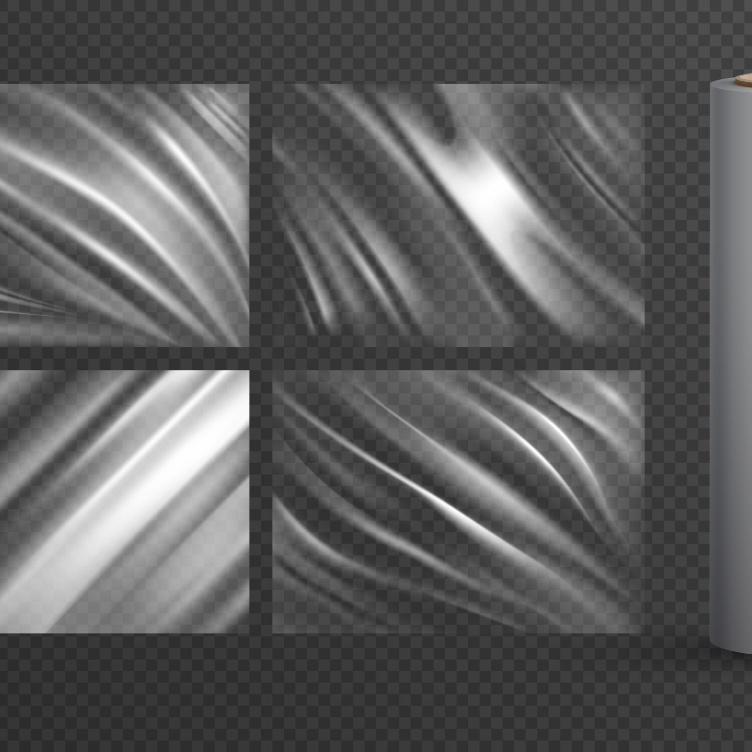 Four isolated blank wrapping texture polyethylene packages and plastic roll on  transparent background realistic vector illustration SSUCv3H4sIAAAAAAACA01RwU7DMAz9FSvnwkDcekNooHFhAonLxMFNTRfqJVXidJum/jtOtyFufvGz3/PLyTSYnDX1yTjmnCSiuOBNfV8Zap2E6JBNfTdVJglKTpSUq8iiUKfdGV+XbE7l3dTmrfkhK8noVG4Ur1JgHWjNVF0pq39yafHEbrh5jPI38anzIZrpqzLYkbfHIqu6kZhwdrHRVr8XiruLpdG1FM4l5taV0ozBImv/oVhWvbArr13EYetsdCPFgltKVgvzHHIEd/EKDaPvYa/cwfkOhA6SI8EQ+EiyPTJ5BWh79ZcAfQsDYxJnIQZmCB5Az/NpwEheoFFmF0NWXiRkNzPH+Ur4H/0tLDV3bJhguf6Y976Tb0lZHl7XL/Ad4g5LUHIoOZrqEuh5V1rY4C0NkpEX2JSttpBDr386TdMvzxQYLPEBAAA=